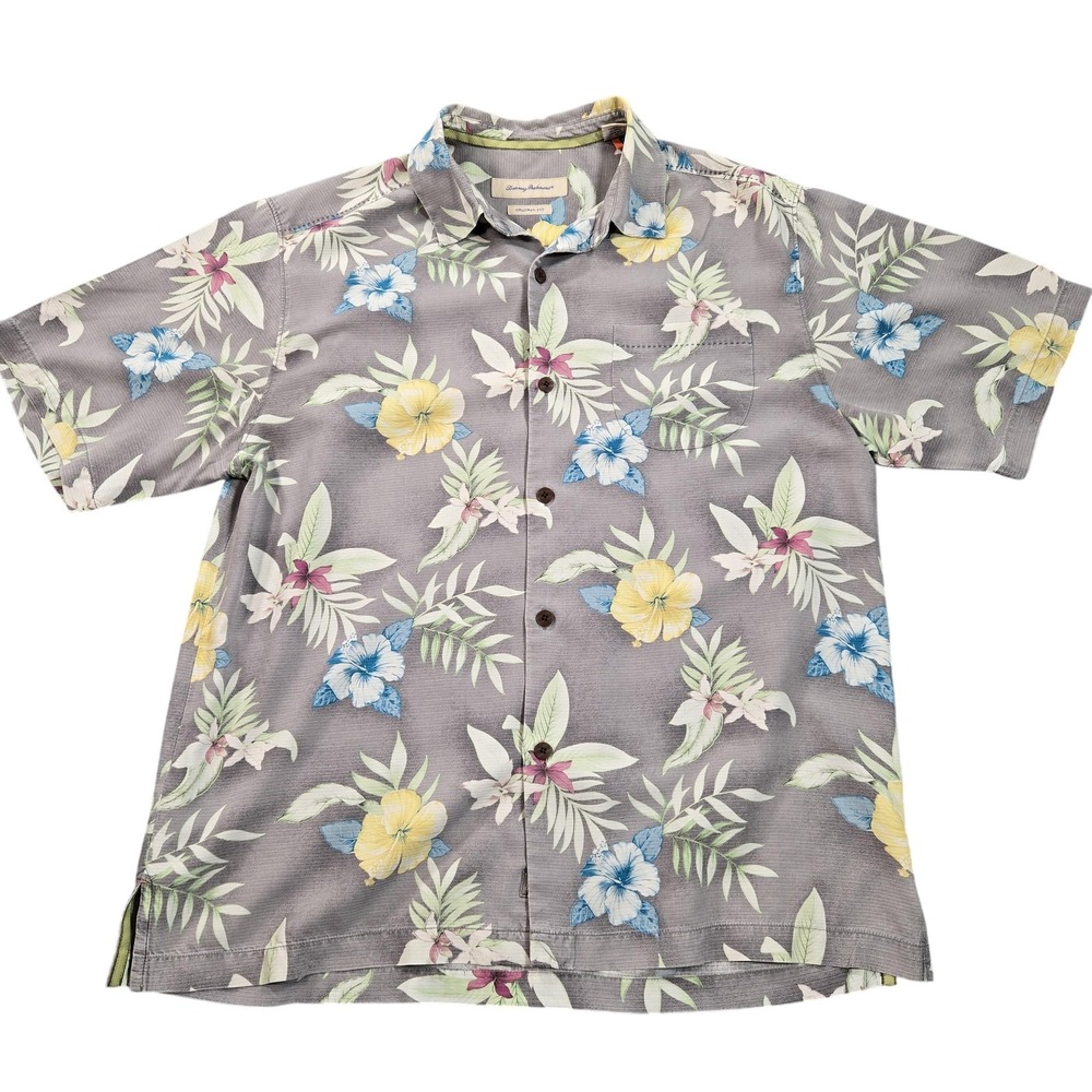 Tommy Bahama Shirt Mens Large Gray Silk Hawaiian Floral Aloha Camp Short Sleeve